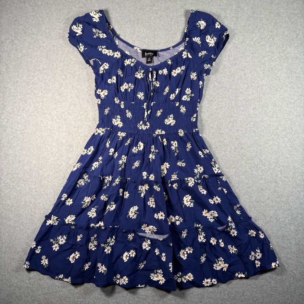 By and By Floral Short Sleeve Smocked Bodice Dress XS Blue